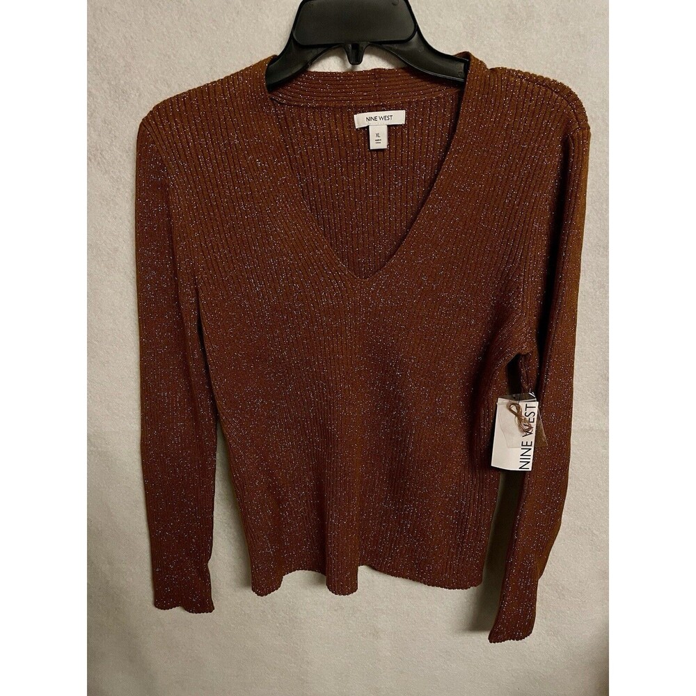 Nine West Women's Long Sleeve V Neck Ribbed Sweater XL Cogna Shine Pullover New